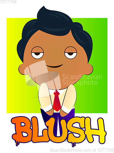 Image of Shy boy in a suit with black curly hair blushing, illustration, 