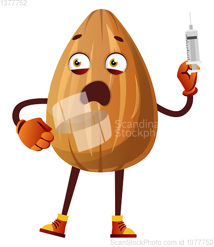 Image of Almond with a injection in his hand, illustration, vector on whi