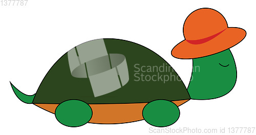 Image of A cute turtle in a brown summer hat set on isolated white backgr