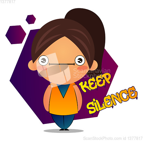 Image of Speechless girl with brown ponytail and purple background, illus