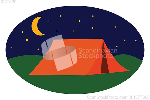 Image of A landscape of a campsite with a brown tent over green grassland