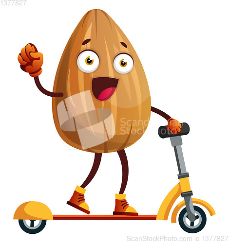 Image of Almond on a yellow scooter, illustration, vector on white backgr