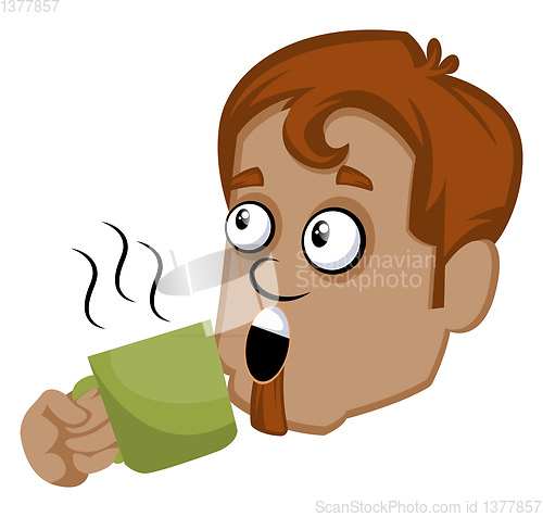 Image of Brown human emoji with a green cup, illustration, vector on whit