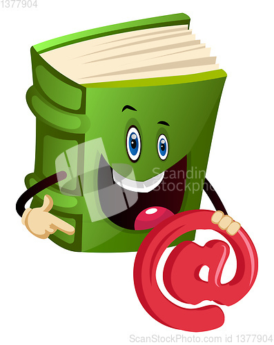 Image of Green book holding an at-sign, illustration, vector on white bac
