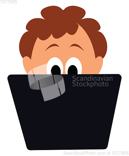 Image of Image of boy working on laptop, vector or color illustration.