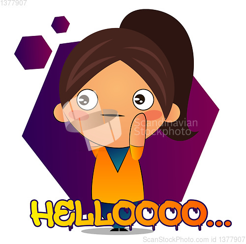 Image of Girl with brown ponytail says hellooo, illustration, vector on w