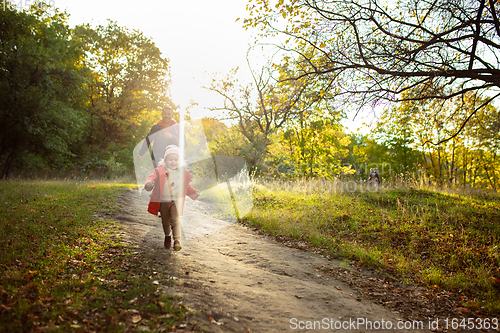 Image of Happy father and little cute daughter walking down the forest path in autumn sunny day