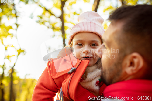 Image of Happy father and little cute daughter walking down the forest path in autumn sunny day