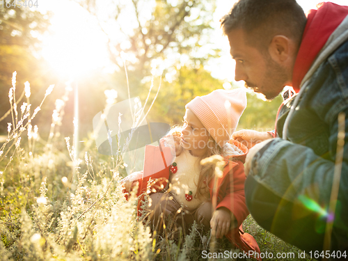 Image of Happy father and little cute daughter walking down the forest path in autumn sunny day