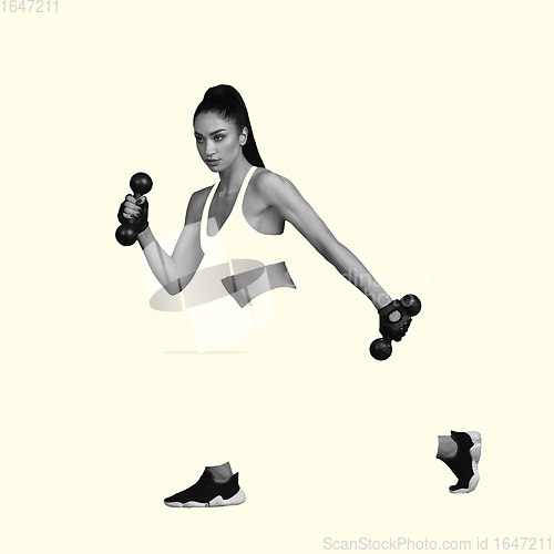 Image of Young caucasian sportswoman isolated on studio background, modern artwork. Healthy lifestyle, movement, action, motion, advertising and sports concept. Abstract design.