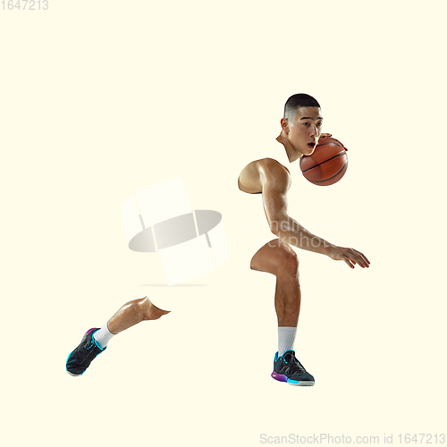 Image of Young asian sportsman isolated on studio background, modern artwork. Healthy lifestyle, movement, action, motion, advertising and sports concept. Abstract design.