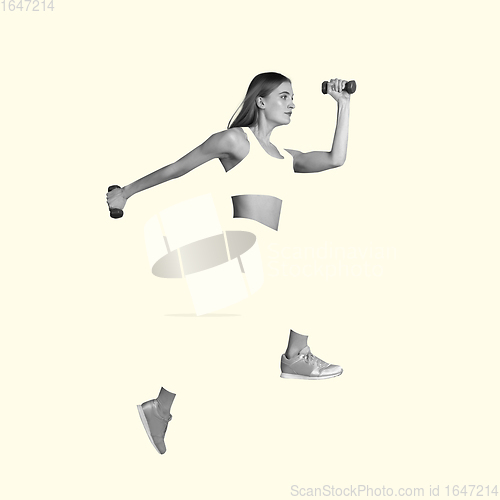 Image of Young caucasian sportswoman isolated on studio background, modern artwork. Healthy lifestyle, movement, action, motion, advertising and sports concept. Abstract design.