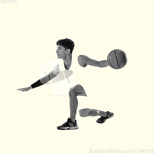 Image of Young caucasian sportsman isolated on studio background, modern artwork. Healthy lifestyle, movement, action, motion, advertising and sports concept. Abstract design.