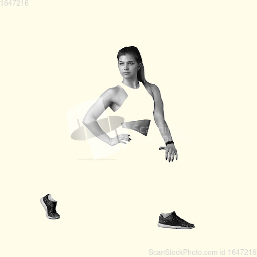 Image of Young caucasian sportswoman isolated on studio background, modern artwork. Healthy lifestyle, movement, action, motion, advertising and sports concept. Abstract design.