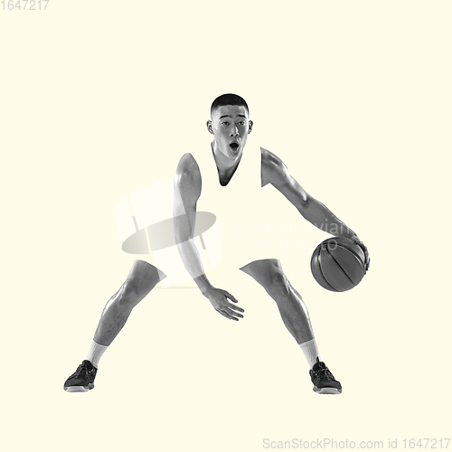 Image of Young asian sportsman isolated on studio background, modern artwork. Healthy lifestyle, movement, action, motion, advertising and sports concept. Abstract design.