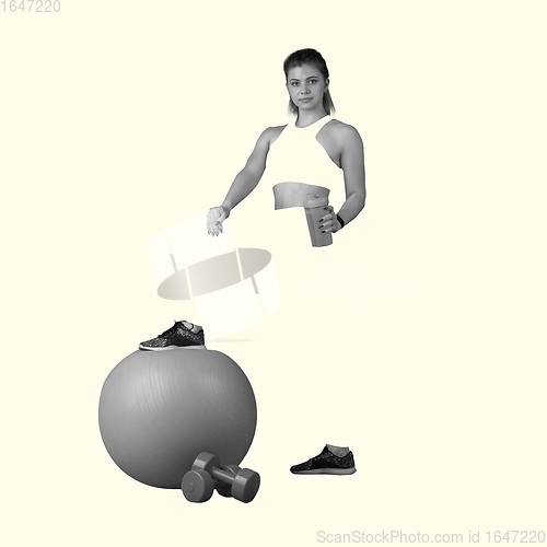 Image of Young caucasian sportswoman isolated on studio background, modern artwork. Healthy lifestyle, movement, action, motion, advertising and sports concept. Abstract design.