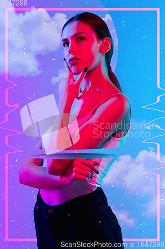 Image of Beauty and fashion concept. Trendy neon light and gradient background. Modern design. Contemporary art collage.