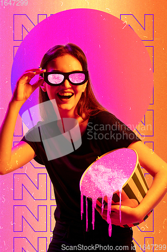 Image of Beauty and fashion concept. Trendy neon light and gradient background. Modern design. Contemporary art collage.