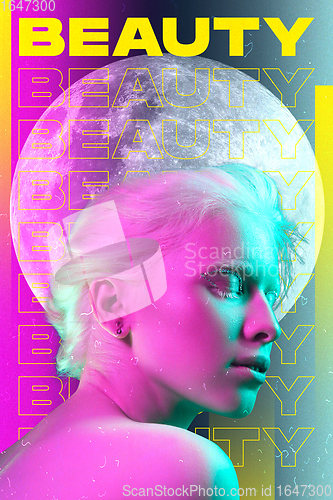 Image of Beauty and fashion concept. Trendy neon light and gradient background. Modern design. Contemporary art collage.