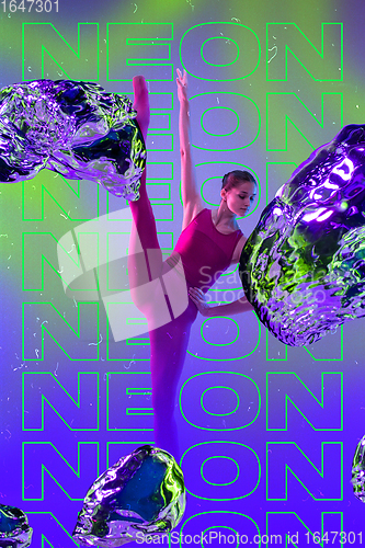 Image of Beauty and fashion concept. Trendy neon light and gradient background. Modern design. Contemporary art collage.