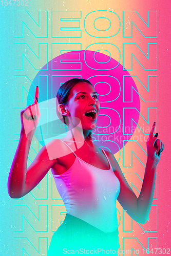 Image of Beauty and fashion concept. Trendy neon light and gradient background. Modern design. Contemporary art collage.