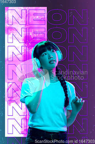 Image of Beauty and fashion concept. Trendy neon light and gradient background. Modern design. Contemporary art collage.