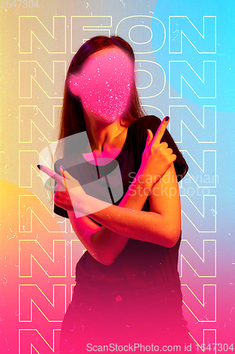 Image of Beauty and fashion concept. Trendy neon light and gradient background. Modern design. Contemporary art collage.