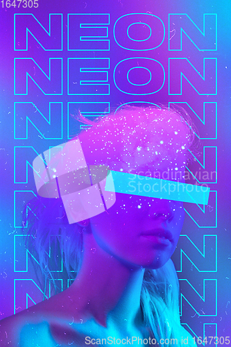 Image of Beauty and fashion concept. Trendy neon light and gradient background. Modern design. Contemporary art collage.