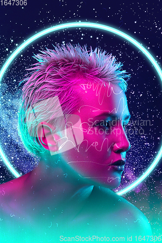 Image of Beauty and fashion concept. Trendy neon light and gradient background. Modern design. Contemporary art collage.