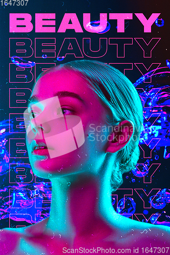 Image of Beauty and fashion concept. Trendy neon light and gradient background. Modern design. Contemporary art collage.