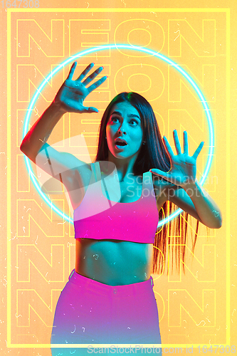 Image of Beauty and fashion concept. Trendy neon light and gradient background. Modern design. Contemporary art collage.