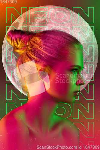 Image of Beauty and fashion concept. Trendy neon light and gradient background. Modern design. Contemporary art collage.