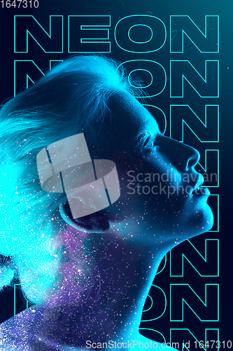 Image of Beauty and fashion concept. Trendy neon light and gradient background. Modern design. Contemporary art collage.