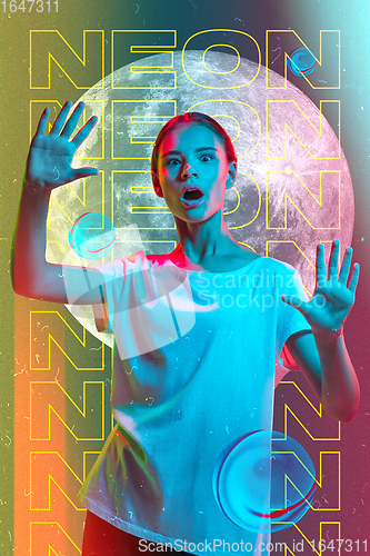 Image of Beauty and fashion concept. Trendy neon light and gradient background. Modern design. Contemporary art collage.