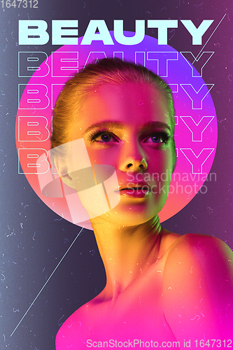 Image of Beauty and fashion concept. Trendy neon light and gradient background. Modern design. Contemporary art collage.