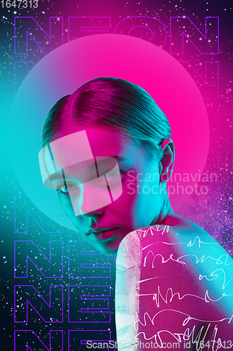 Image of Beauty and fashion concept. Trendy neon light and gradient background. Modern design. Contemporary art collage.