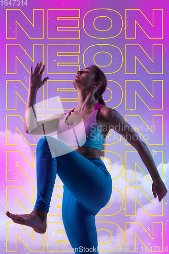 Image of Beauty and fashion concept. Trendy neon light and gradient background. Modern design. Contemporary art collage.