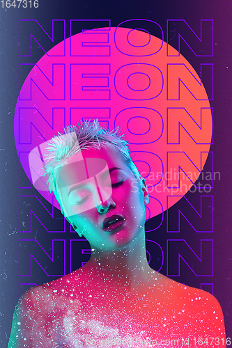 Image of Beauty and fashion concept. Trendy neon light and gradient background. Modern design. Contemporary art collage.