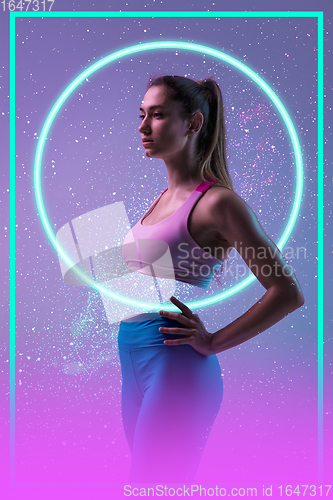 Image of Beauty and fashion concept. Trendy neon light and gradient background. Modern design. Contemporary art collage.