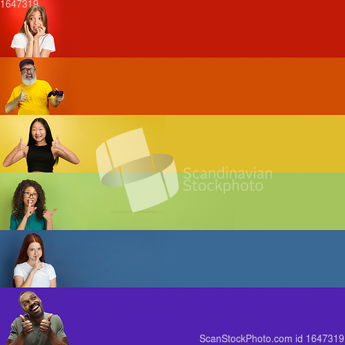 Image of Collage of portraits of multiethnic, mixed age group of people forming a pride flag