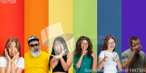 Image of Collage of portraits of multiethnic, mixed age group of people forming a pride flag