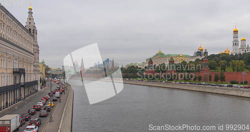 Image of Sunny summer day moscow river bay kremlin