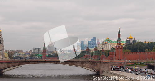 Image of Sunny summer day moscow river bay kremlin.