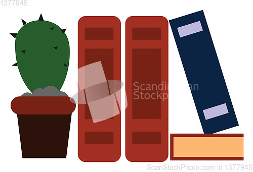 Image of Image of books and cactus plant in a tub, vector or color illust