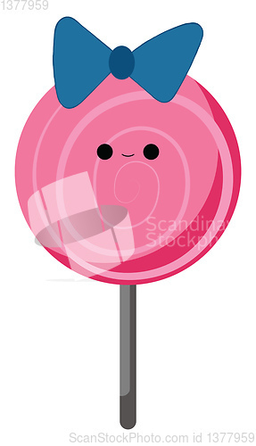 Image of Pink color lollipop with smiley with black stick, blue bow, vect