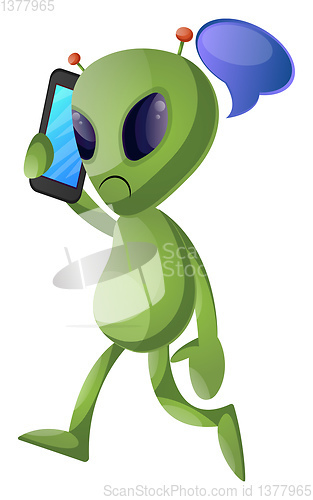 Image of Alien with cellphone, illustration, vector on white background.