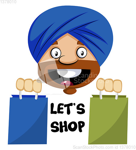 Image of Muslim human emoji with shopping bags, illustration, vector on w