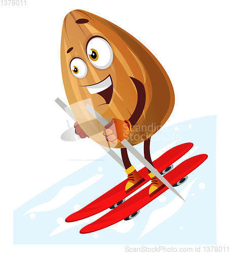 Image of Happy almond skiing on red skis, illustration, vector on white b