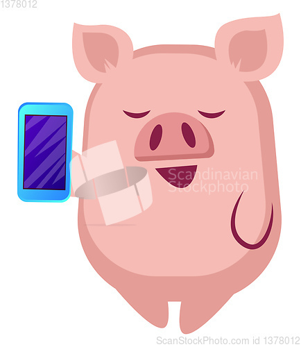 Image of Piggy is holding a mobile phone, illustration, vector on white b