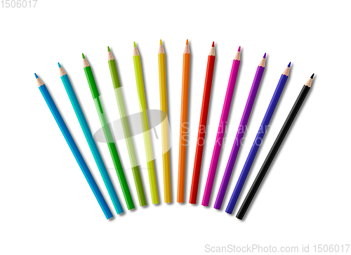 Image of Set of color wooden pencil in circle shape on white background